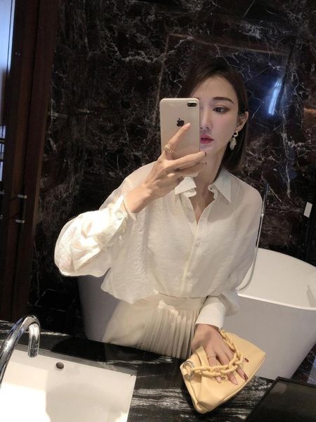 

women's polos hide belly long sleeve shirts yarn 2021 summer pure and apricot loose home tencel off thin section perspective women, White