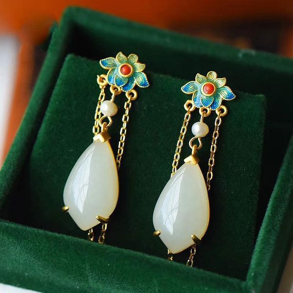 dangle & chandelier natural hetian white jade drop shaped long tassel earrings chinese style antique enamel porcelain craft charm women', Silver
dangle & chandelier natural hetian white jade drop shaped long tassel earrings chinese style antique enamel porcelain craft charm women', Silver