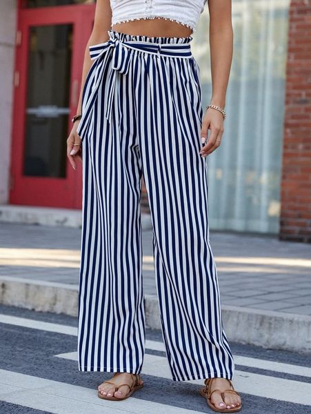 striped print paperbag waist belted wide leg pants s7te#, Black;white 
striped print paperbag waist belted wide leg pants s7te#, Black;white
