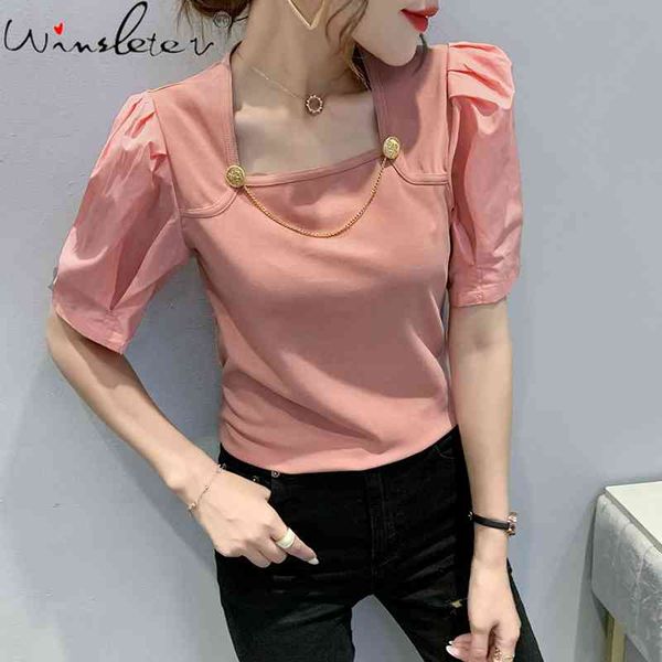 women's t-shirt summer european clothes cotton solid chic button chain women chiffon puff sleeve tees bottoming shirt t15407a, White
women's t-shirt summer european clothes cotton solid chic button chain women chiffon puff sleeve tees bottoming shirt t15407a, White