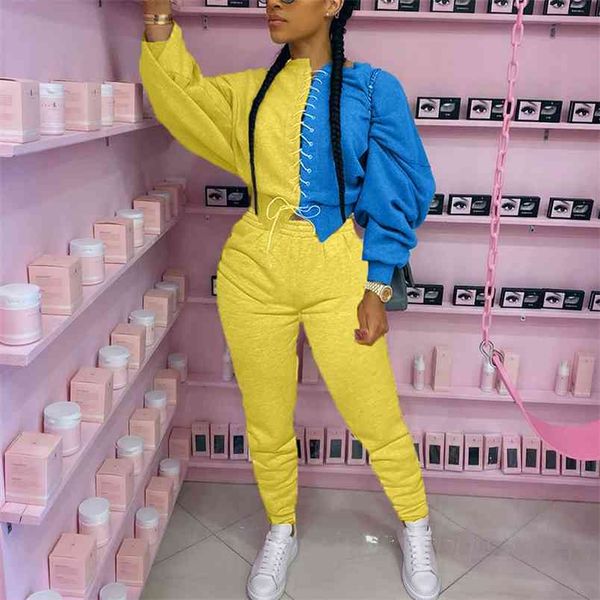 streetwear women hit color patchwork 2 pcs set fall fashion uniqe design lace up long sleeve hoodies+trouser tracksuit suit 210517, White
streetwear women hit color patchwork 2 pcs set fall fashion uniqe design lace up long sleeve hoodies+trouser tracksuit suit 210517, White