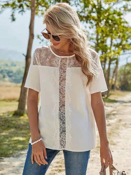 spring and summer women's lace stitching casual round neck short-sleeved t-shirt ladies top, White
spring and summer women's lace stitching casual round neck short-sleeved t-shirt ladies top, White