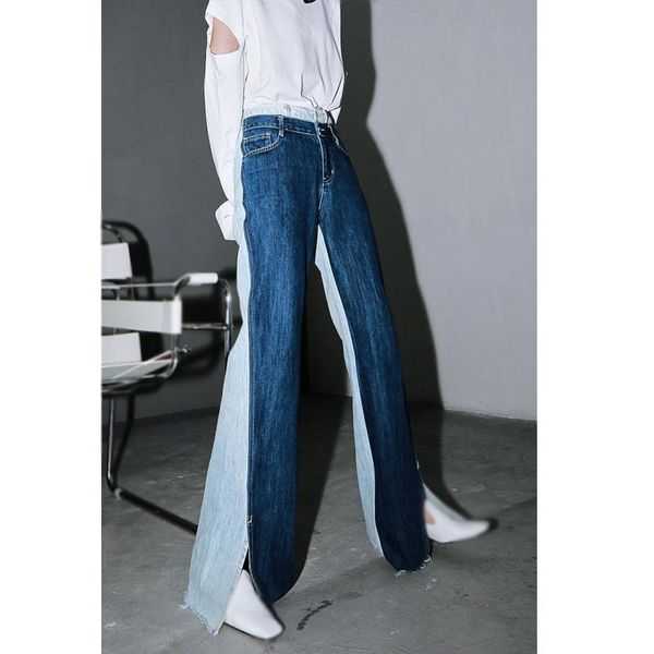 women's jeans thin wide leg panelled double color contrasted spliced stitching washed high waist cowgirl split tassel hem, Blue 
women's jeans thin wide leg panelled double color contrasted spliced stitching washed high waist cowgirl split tassel hem, Blue