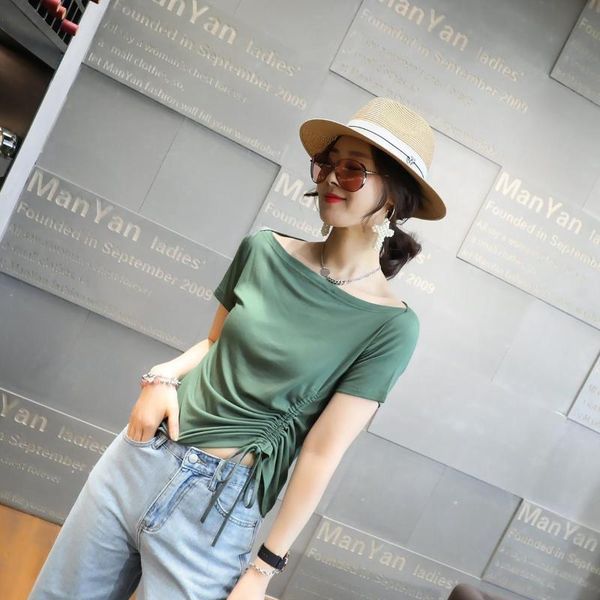 women's t-shirt 95 cotton short sleeve female 2021 summer dress korean fashion one line collar shows thin drawstring versatile, White 
women's t-shirt 95 cotton short sleeve female 2021 summer dress korean fashion one line collar shows thin drawstring versatile, White