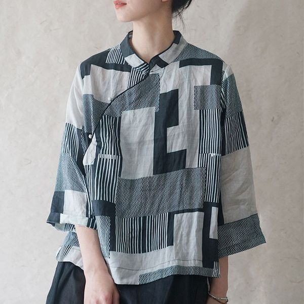johnature summer retro stand plate buckle three quarter sleeve geometric fashion style shirt loose leisure women 210521, White
johnature summer retro stand plate buckle three quarter sleeve geometric fashion style shirt loose leisure women 210521, White
