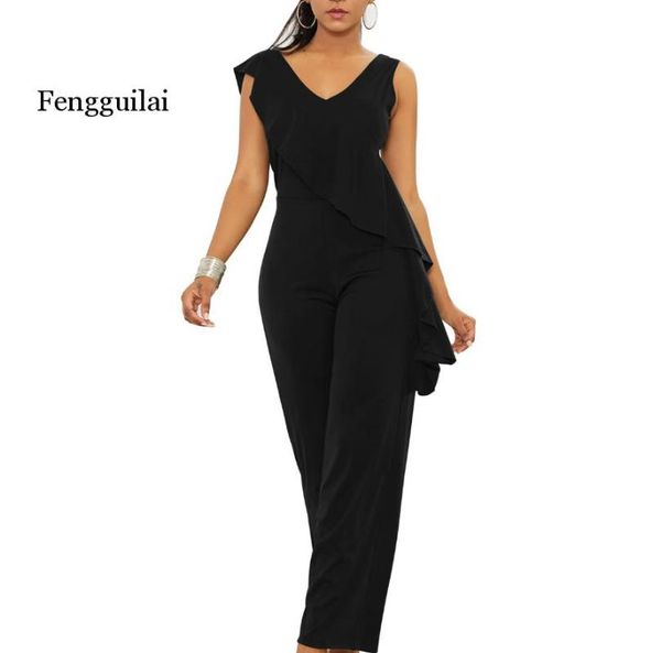 gym clothing summer ruffle jumpsuit women v neck sleeveless overalls long pants clothes 2021 office work elegant wide leg jumpsuits plus siz, White;black
