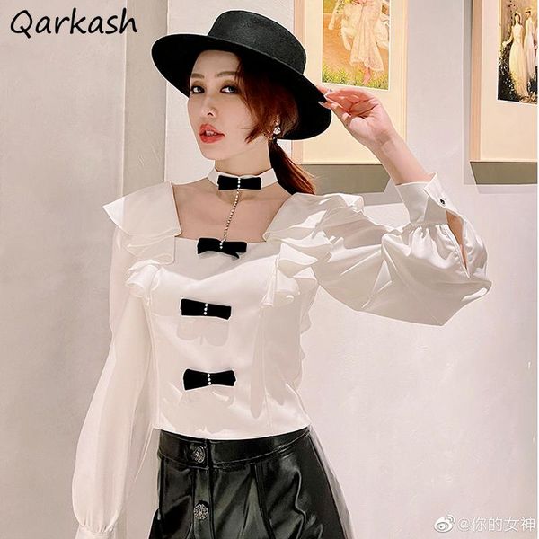 women's blouses & shirts women square collar long sleeve bow design chic spring korean version stylish daily novelty female all-match, White
women's blouses & shirts women square collar long sleeve bow design chic spring korean version stylish daily novelty female all-match, White
