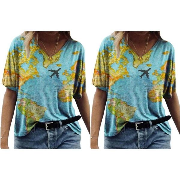 women's t-shirt summer blouse short sleeve v neck earth printed causal, White
women's t-shirt summer blouse short sleeve v neck earth printed causal, White