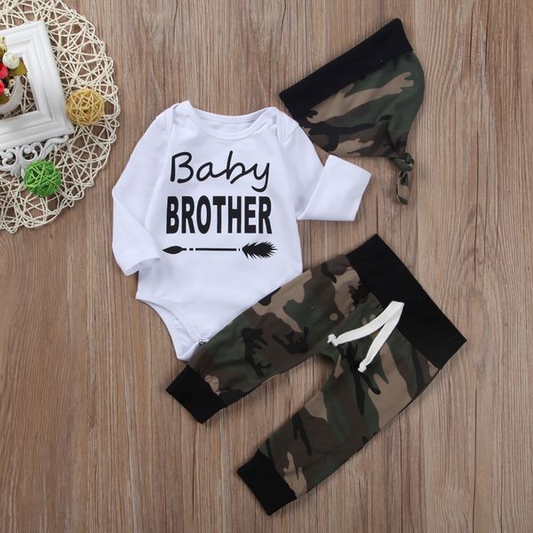 3 pieces long sleeve baby brother bodysuit and camouflage pant with hat set for baby boy clothes, White
3 pieces long sleeve baby brother bodysuit and camouflage pant with hat set for baby boy clothes, White
