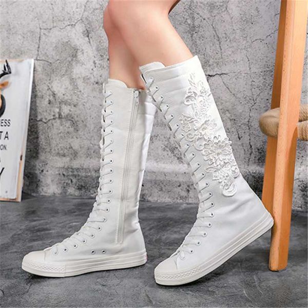 women knee high boots breathable flower embroidery canvas shoes flat heel ladies lace up female casual footwear, Black
women knee high boots breathable flower embroidery canvas shoes flat heel ladies lace up female casual footwear, Black