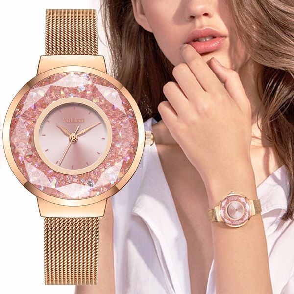 round ladies watches 2021 yolako luxury women dress rose gold crystal stainless steel mesh belt quartz bracelet wristwatches, Slivery;brown
round ladies watches 2021 yolako luxury women dress rose gold crystal stainless steel mesh belt quartz bracelet wristwatches, Slivery;brown