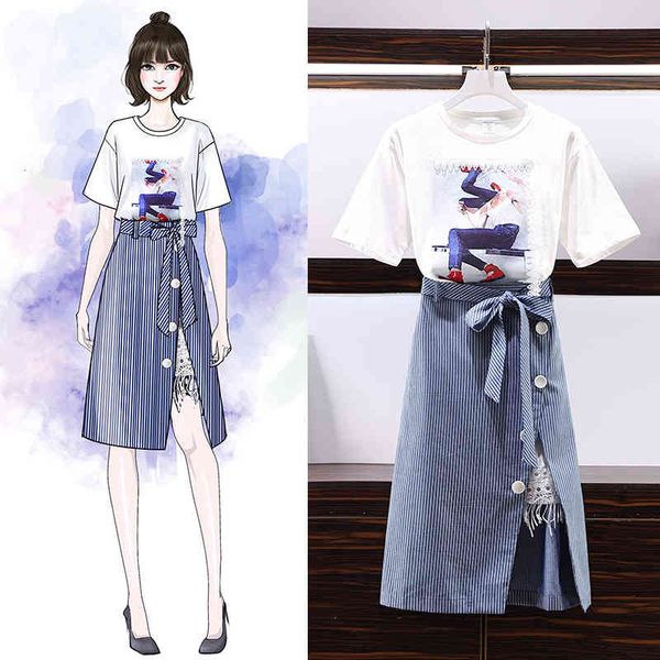 two piece dress large size women's sets spring summer printing short-sleeved t-shirt +belt single-breasted striped irregular skirt wome, White
two piece dress large size women's sets spring summer printing short-sleeved t-shirt +belt single-breasted striped irregular skirt wome, White