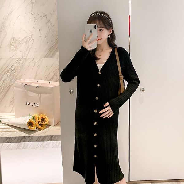 maternity dresses winter long sleeve sweater loose pregnant woman knitted dress plus size single-breasted v-neck pregnancy, White