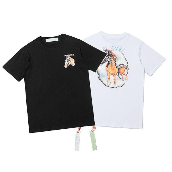 famous men's designer tee european american cartoon horse pattern printing round neck casual summer black and white size m-xxl, White;black