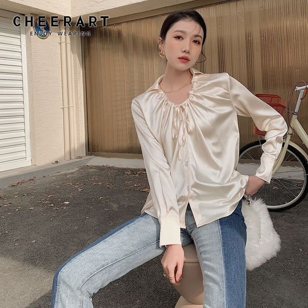 champagne satin blouse ruched drawstring button up long sleeve ladies korean spring fashion women 210427, White
champagne satin blouse ruched drawstring button up long sleeve ladies korean spring fashion women 210427, White