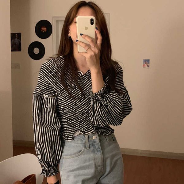 women's knits & tees vintage elastic ruffles blouse shirts v-neck long sleeve casual cross retro spring striped chic loose ha, White
women's knits & tees vintage elastic ruffles blouse shirts v-neck long sleeve casual cross retro spring striped chic loose ha, White