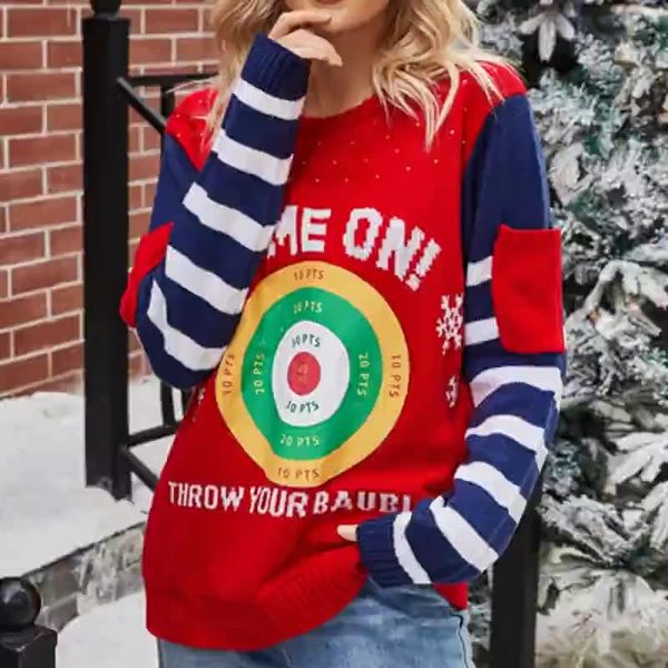 striped christmas women's sweater, red and ugly, with letters knitted with pockets 2021, White;black
striped christmas women's sweater, red and ugly, with letters knitted with pockets 2021, White;black
