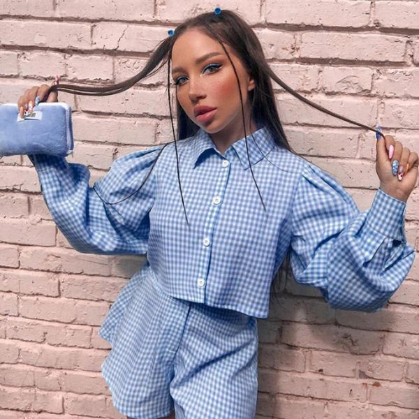 women's tracksuits 2021 two piece outfits fashion plaid print 2 crop shirts shorts sets women matching fall, Gray
women's tracksuits 2021 two piece outfits fashion plaid print 2 crop shirts shorts sets women matching fall, Gray