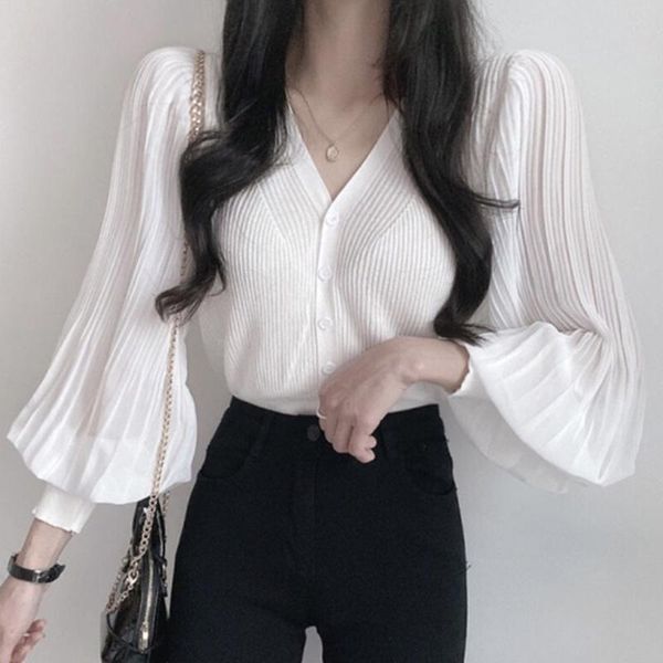 women's t-shirt early autumn elegant v-neck slimming single-breasted chic pleated, White
women's t-shirt early autumn elegant v-neck slimming single-breasted chic pleated, White