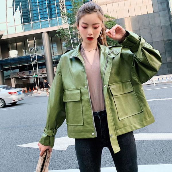 women's leather & faux streetwear 2021 fall fashion chic big pocket loose jacket female personality cool motorcycle pu top, Black
women's leather & faux streetwear 2021 fall fashion chic big pocket loose jacket female personality cool motorcycle pu top, Black