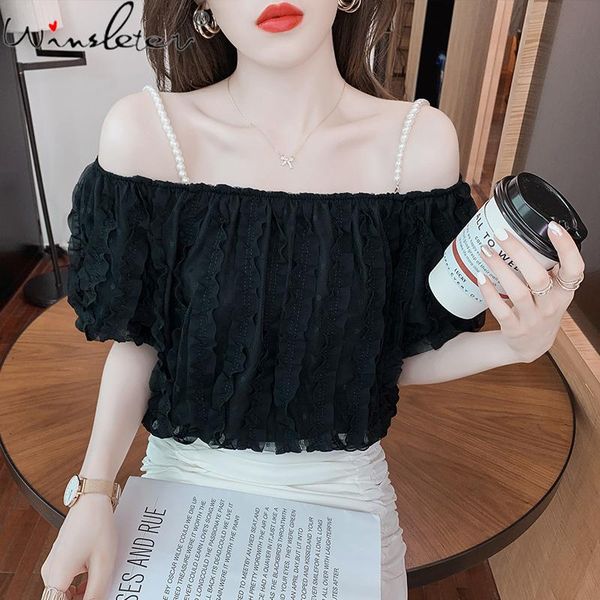 women's blouses & shirts summer european clothes short lace blouse fashion off shoulder boat neckline beads elegant women puff sleeve t, White
women's blouses & shirts summer european clothes short lace blouse fashion off shoulder boat neckline beads elegant women puff sleeve t, White