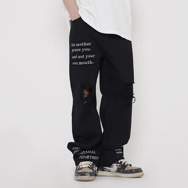 men's pants high stree hole letter embroidery casual trousers men and women straight harajuku baggy cargo, Black
men's pants high stree hole letter embroidery casual trousers men and women straight harajuku baggy cargo, Black