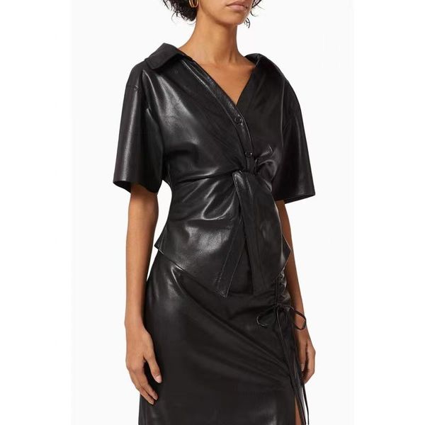 women's leather & faux 2021 women turn-down collar shirt lady short sleeve slim twisted blouse and, Black
women's leather & faux 2021 women turn-down collar shirt lady short sleeve slim twisted blouse and, Black