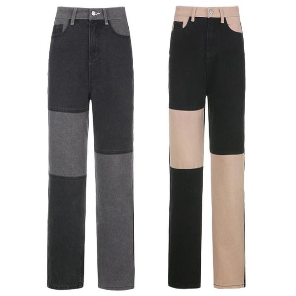women high waist color block patchwork jeans harajuku hip hop 90s denim long pants straight leg casual loose trousers women's & capris, Black;white
women high waist color block patchwork jeans harajuku hip hop 90s denim long pants straight leg casual loose trousers women's & capris, Black;white