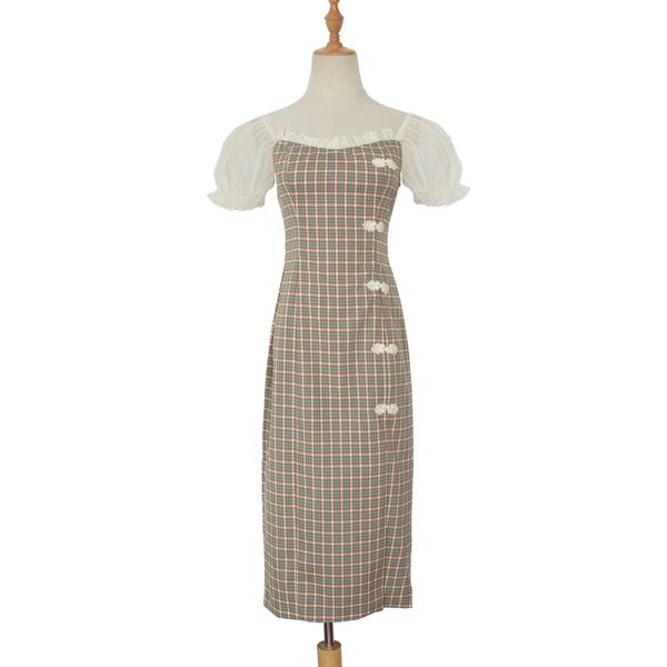 plaid puff short sleeve knee length solid dress vintage pencil slash neck elegant d1796 210514, Black;gray
plaid puff short sleeve knee length solid dress vintage pencil slash neck elegant d1796 210514, Black;gray