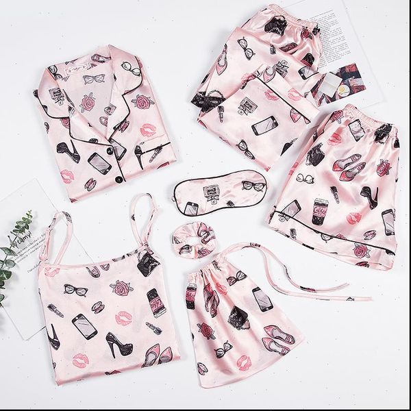 fashion 7 pieces pajamas sets womens sleepwears faux silk stain cute pattern pyjama sling shorts long sleeve pants sleepwear, Black;red
fashion 7 pieces pajamas sets womens sleepwears faux silk stain cute pattern pyjama sling shorts long sleeve pants sleepwear, Black;red
