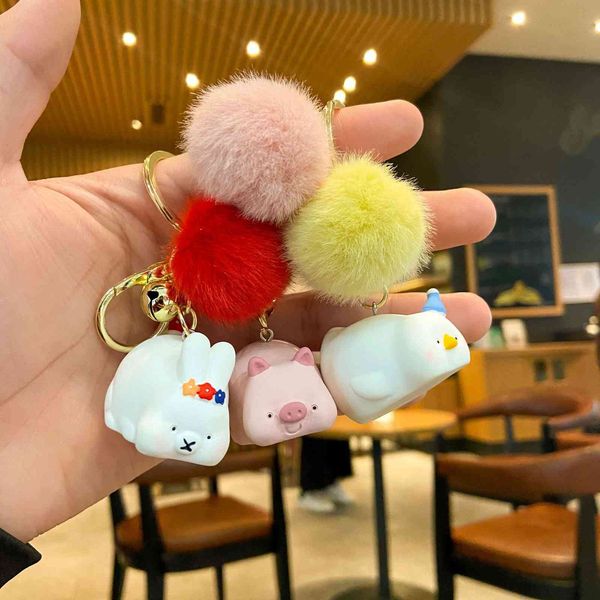 keyring keychain creative cartoon cute hair ball pig resin car plush key ring pendant small gift accessories, Silver 
keyring keychain creative cartoon cute hair ball pig resin car plush key ring pendant small gift accessories, Silver