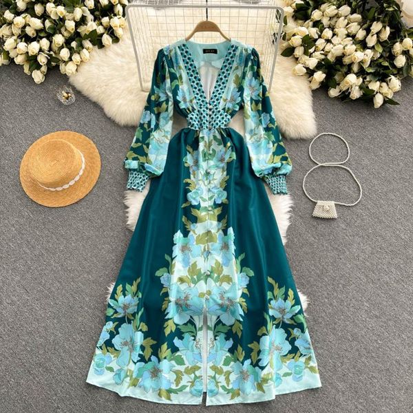 casual dresses 2022 arrival spring v-neck single breasted long sleeve women dress elegant green print, Black;gray 
casual dresses 2022 arrival spring v-neck single breasted long sleeve women dress elegant green print, Black;gray