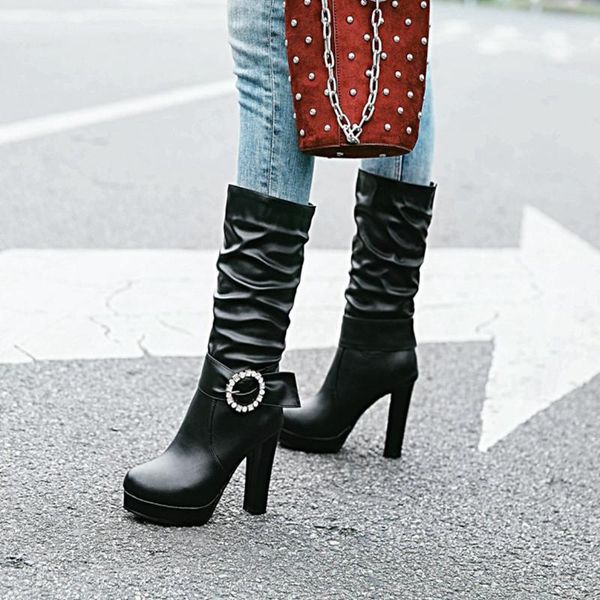 boots chic high heels platform women mid-calf white pink round toe rhinestone buckle strap woman motorcycle pleated shoes, Black
boots chic high heels platform women mid-calf white pink round toe rhinestone buckle strap woman motorcycle pleated shoes, Black