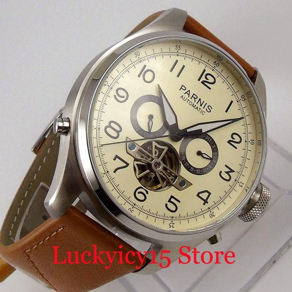 classic 48mm mechanical men watch self winding movement date week indicator leather band wristwatches, Slivery;brown
classic 48mm mechanical men watch self winding movement date week indicator leather band wristwatches, Slivery;brown