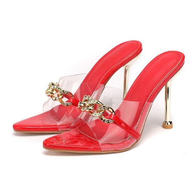 dress shoes pointed candy colors metal chain rhinestone stiletto high heels outdoor women's slippers peep toe transparent slides, Black
dress shoes pointed candy colors metal chain rhinestone stiletto high heels outdoor women's slippers peep toe transparent slides, Black