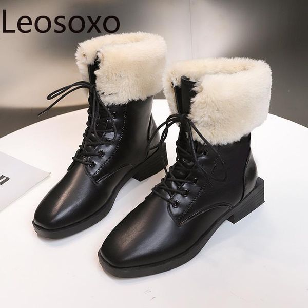 boots winter women's british style square head low front lacing ankle for women with flanged warm velvet, Black
boots winter women's british style square head low front lacing ankle for women with flanged warm velvet, Black