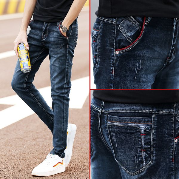 men's fashion men's dark blue elastic jeans, korean casual tight jeans