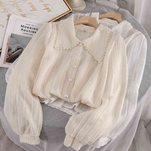 women's beige/white lace hollow out blouse autumn casual peter pan collar long sleeve single breasted shirt female blusas 210426
women's beige/white lace hollow out blouse autumn casual peter pan collar long sleeve single breasted shirt female blusas 210426