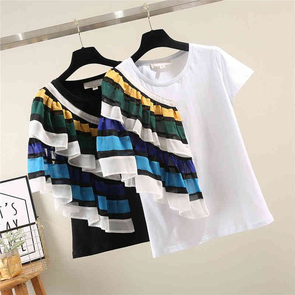 tee fashion shirt women contrast ruffles patchwork tshirt female o-neck short sleeve t-shirt simple, White
tee fashion shirt women contrast ruffles patchwork tshirt female o-neck short sleeve t-shirt simple, White