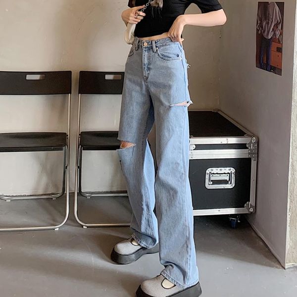 women's jeans high street summer clothing ripped pockets button waist fashion trend all-match straight, Blue
women's jeans high street summer clothing ripped pockets button waist fashion trend all-match straight, Blue