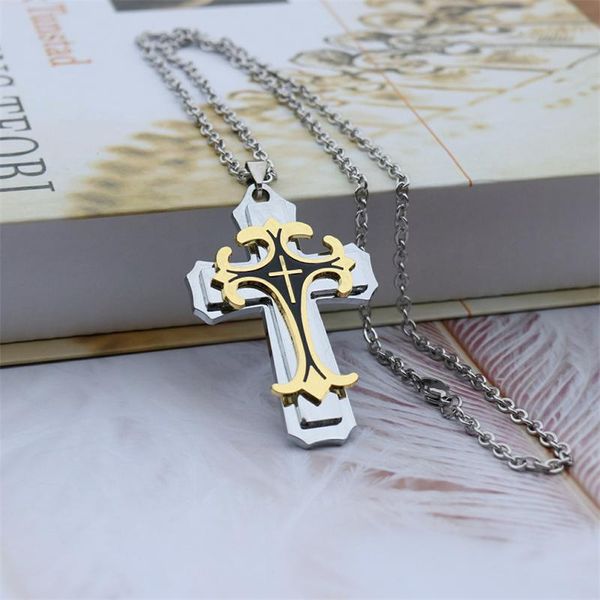 pendant necklaces religious alloy cross necklace multilayer 2 tone jewelry 2021 jesus for men, Silver 
pendant necklaces religious alloy cross necklace multilayer 2 tone jewelry 2021 jesus for men, Silver