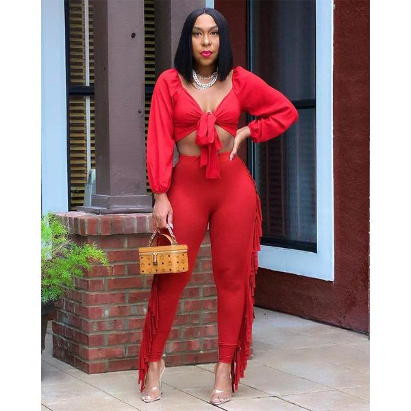 women's two piece pants fashion women solid bandage and tassel suits high street outfit sets female casual sports party wear, White
women's two piece pants fashion women solid bandage and tassel suits high street outfit sets female casual sports party wear, White