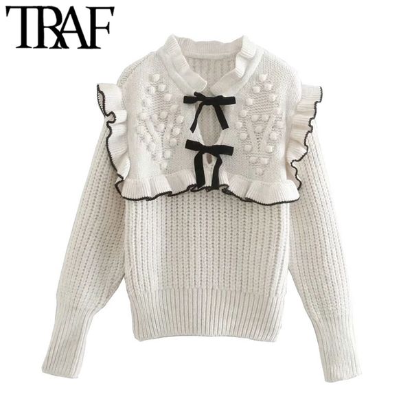 women fashion with bow tie patchwork knitted sweater vintage long sleeve ruffle trims female pullovers chic 210507, White;black
women fashion with bow tie patchwork knitted sweater vintage long sleeve ruffle trims female pullovers chic 210507, White;black