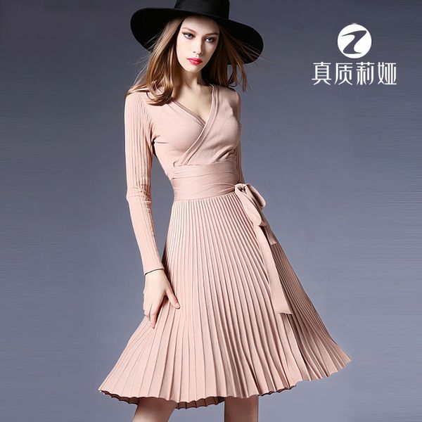 luxury casual drsspring and autumn wear slim sleeve v-neck pleated knitted dr's long skirt, Black;gray
luxury casual drsspring and autumn wear slim sleeve v-neck pleated knitted dr's long skirt, Black;gray