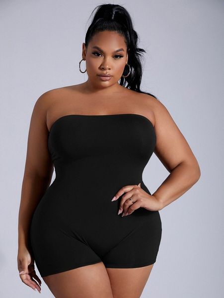 sxy plus solid unitard tube romper n21q#, Black