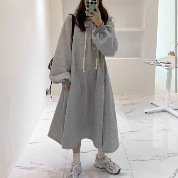 casual dresses dress korean trendy warm hooded plus fleece 2021 style long sleeve pullover suit simple girl outside, Black;gray 
casual dresses dress korean trendy warm hooded plus fleece 2021 style long sleeve pullover suit simple girl outside, Black;gray