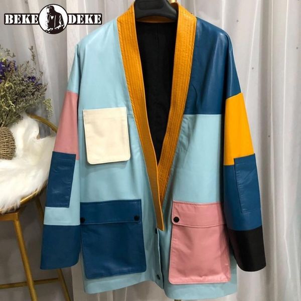 women's leather & faux designer women mixed color v-neck sheepskin coat streetwear single breasted loose genuine jacket luxury office l, Black
women's leather & faux designer women mixed color v-neck sheepskin coat streetwear single breasted loose genuine jacket luxury office l, Black