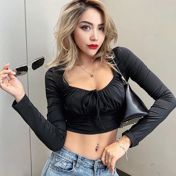 women t-shirts wrapped knot exposed navel casual long-sleeve ruffle summer square neck outerwear streetweaer women's t-shirt, White
women t-shirts wrapped knot exposed navel casual long-sleeve ruffle summer square neck outerwear streetweaer women's t-shirt, White