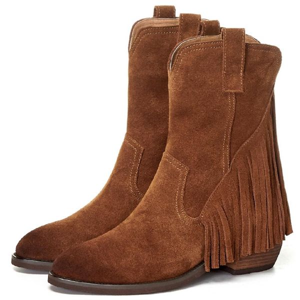women's natural suede leather thick med heel round toe back autumn mid-calf boots fringe decoration comfortable half shoes, Black
women's natural suede leather thick med heel round toe back autumn mid-calf boots fringe decoration comfortable half shoes, Black