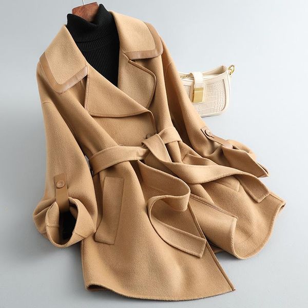 women's wool & blends high end temperament autumn and winter coat 2021 medium long double-sided cashmere leather edging, Black
women's wool & blends high end temperament autumn and winter coat 2021 medium long double-sided cashmere leather edging, Black